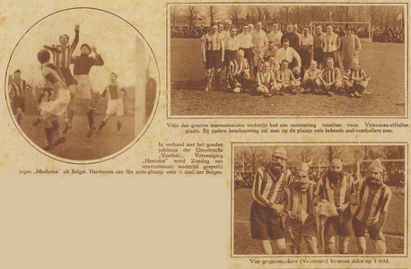 873976 Collage van 3 foto's betreffende de jubileumvoetbalwedstrijden, georganiseerd door de Utrechtse ...